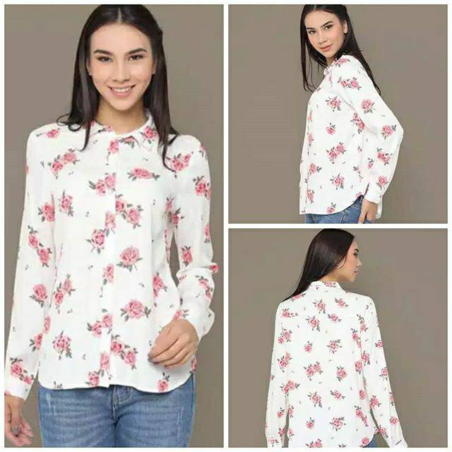L - KEMEJA H&M WHITE FLOWER