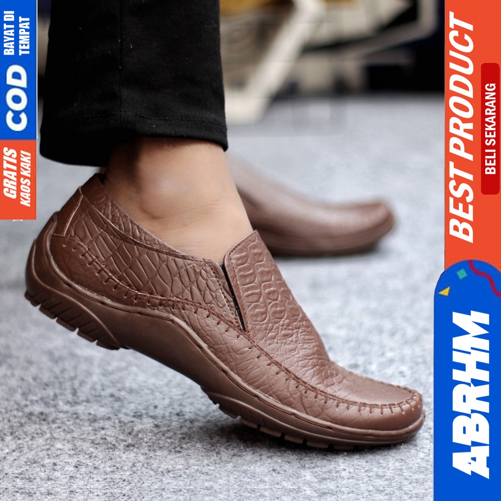 Sepatu Casual Pria Formal Slip On Pantofel Kulit Asli Kerja Kantor Kondangan Kuliah Hitam Fashion Shoes Terbaru Murah Kekinian Original CROCO ABRHM