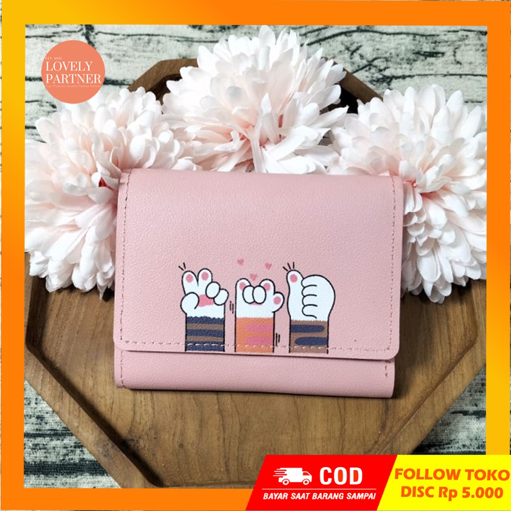 W26 Dompet Wanita Kucing Lucu Three Hand Women Wallet - black