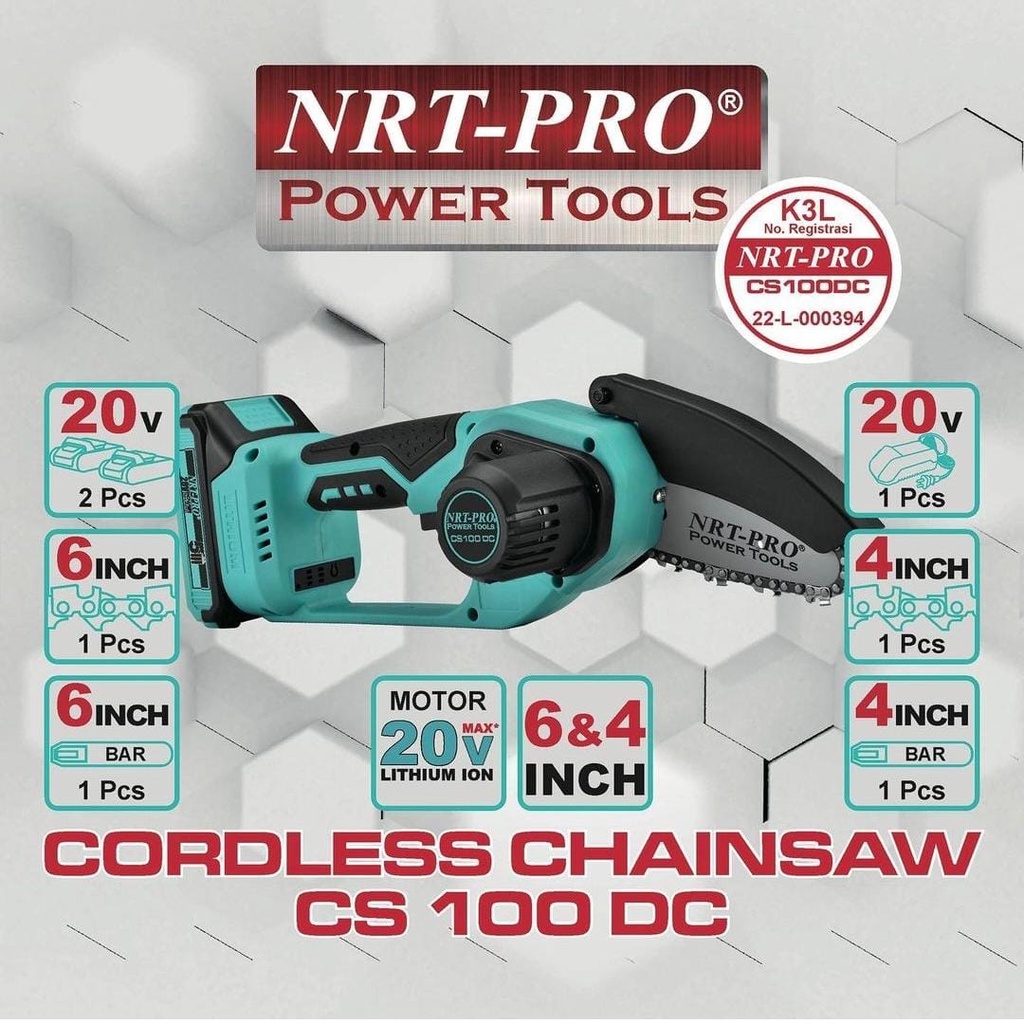 Cordless Chainsaw NRT PRO CS 100DC Chain Saw Baterai 20v 4 / 6 Inch