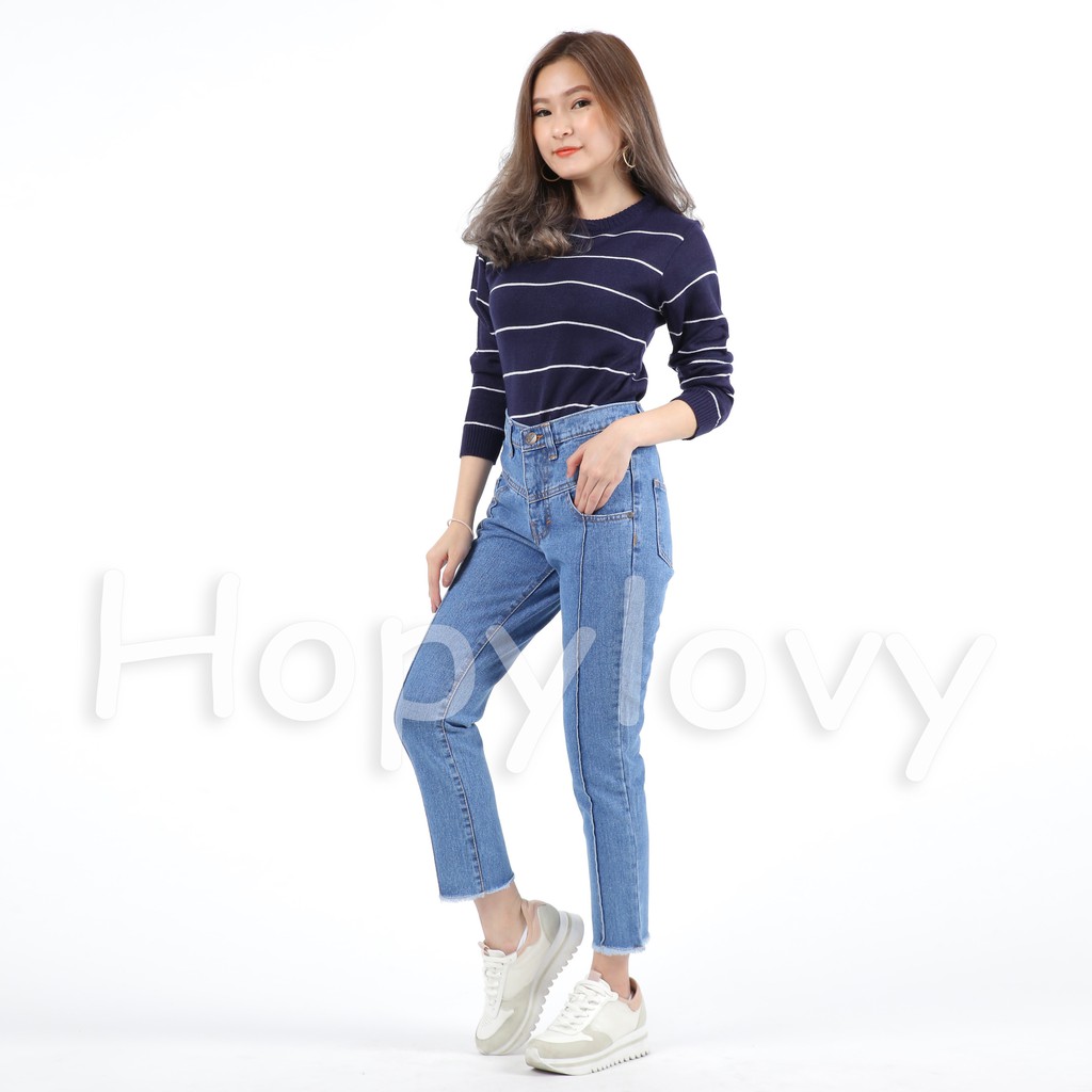 HOPYLOVY - Celana Boyfriend Jeans Wanita Model Garis Tulang Depan