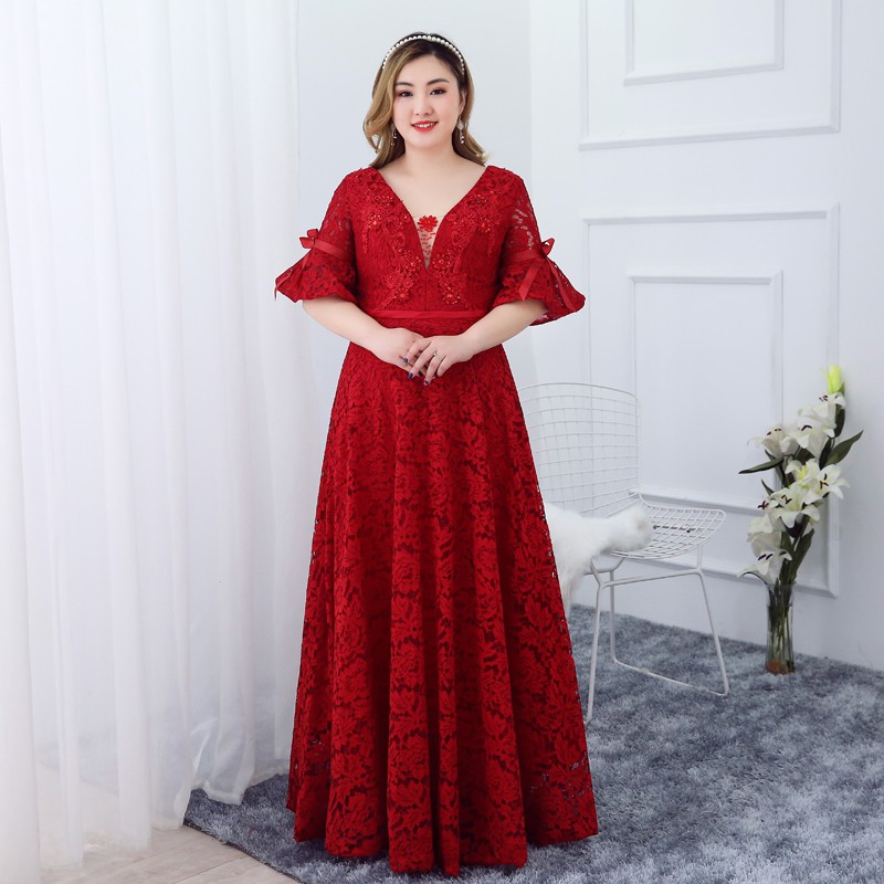 Gaun Pesta 2108030 Big Size Merah Maroon Siku V Neck Party Dress