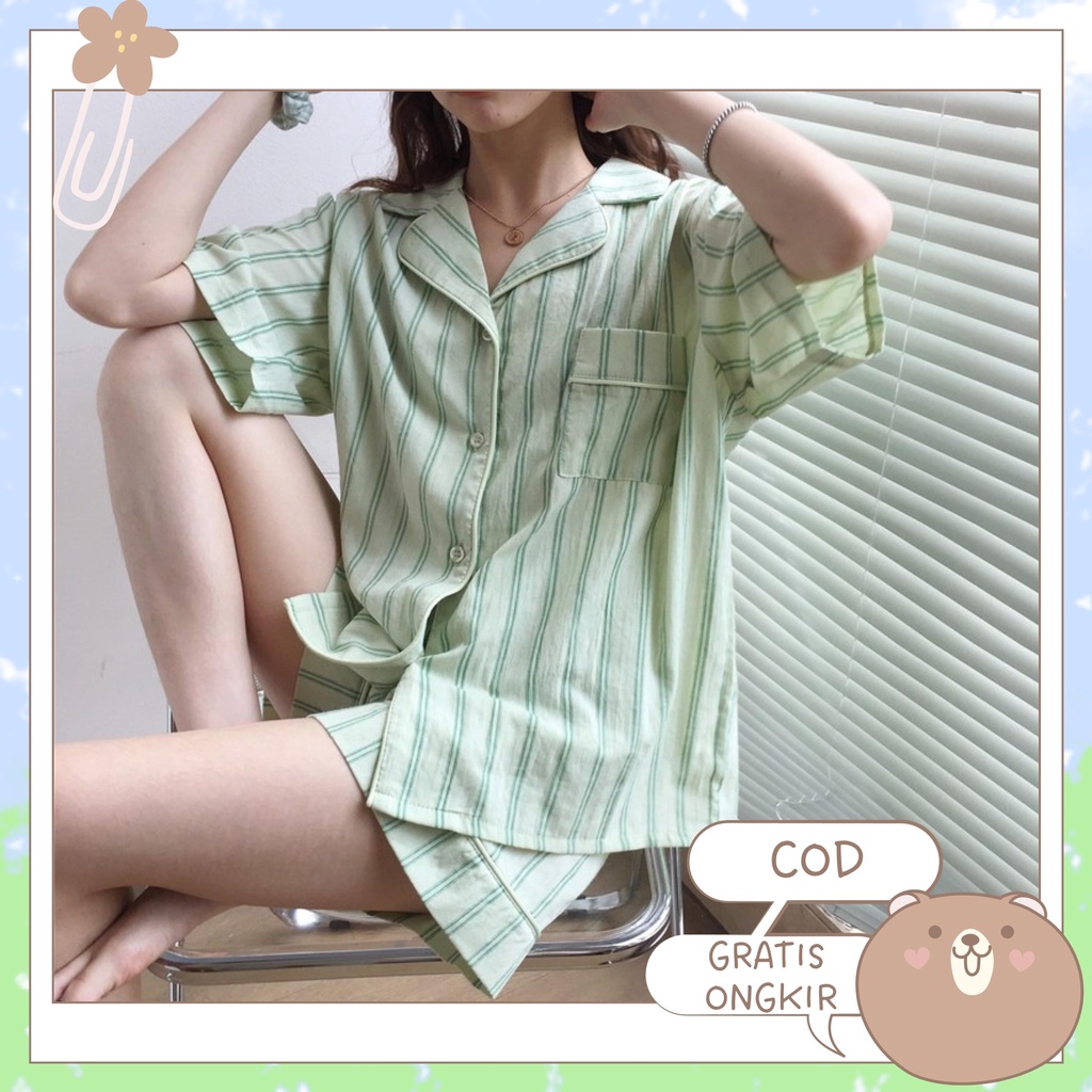 [COD] Areum Short Sleepwear Hijau Piyama Korea Baju Tidur Korea Baju Tidur Pendek Wanita Piyama Kore