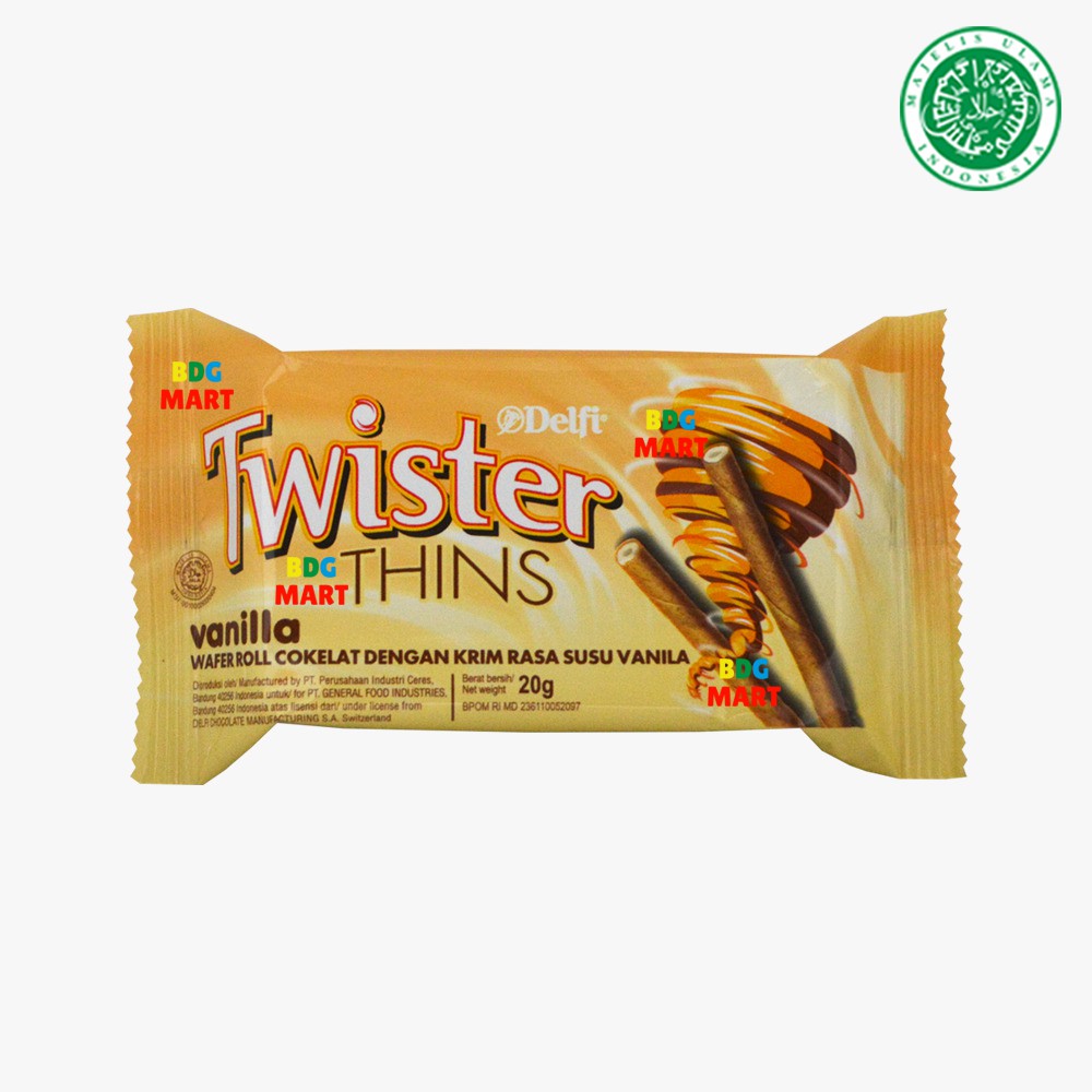 

Delfi Twister Thins Vanilla Wafer Roll Cokelat Dengan Krim Susu Vanilla Halal MUI - 20gr