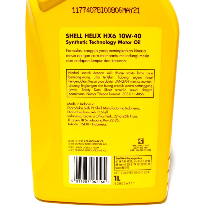 Oli Mobil Shell Helix HX6 SAE 10W-40 10W40 Botol 1 Liter 1L Bensin Tambahan 1 Liter HX 6