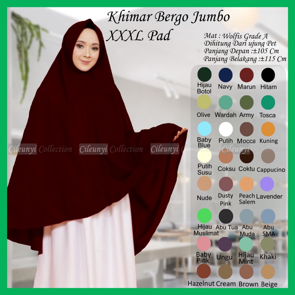 ✅ Khimar Bergo Jumbo XXXL Wolfis / Kerudung Panjang Jilbab Syari  Instan Pad Antem Ori by Cileunyi C