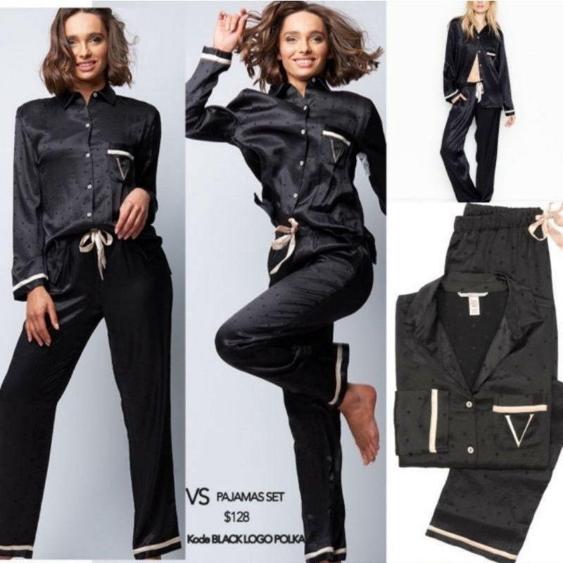 victoria's secret vs black polkadot V logo pajamas piyama set
