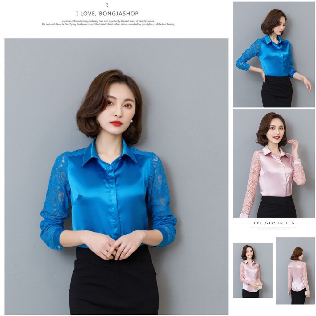 (REAL PIC) KEMEJA A480331 - BAJU KEMEJA SILK SATIN HALUS LEMBUT LICIN LENGAN BROKAT LACE FASHION WAN