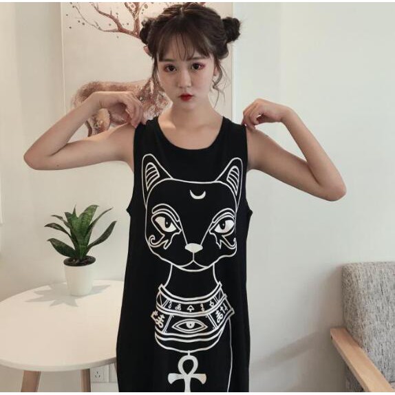 Fashion Wanita: Dress Midi Korea Tanpa Lengan Longgar Hollow Desain Gambar Kucing