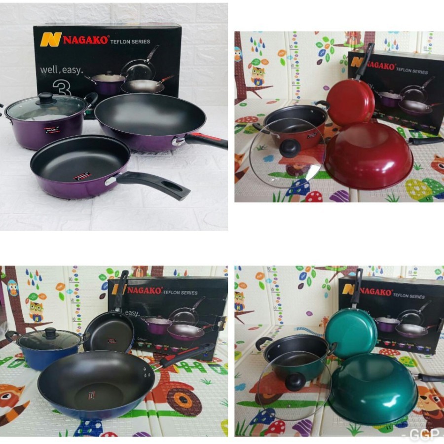 Nagako Panci Teflon Series Set 3 Pcs Frypan Wajan Wok Anti Lengket
