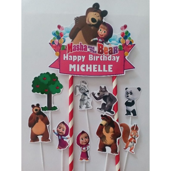 TOPPER CAKE - HIASAN KUE ULANG TAHUN GAMBAR MASHA AND THE BEAR BISA CUSTOM NAMA