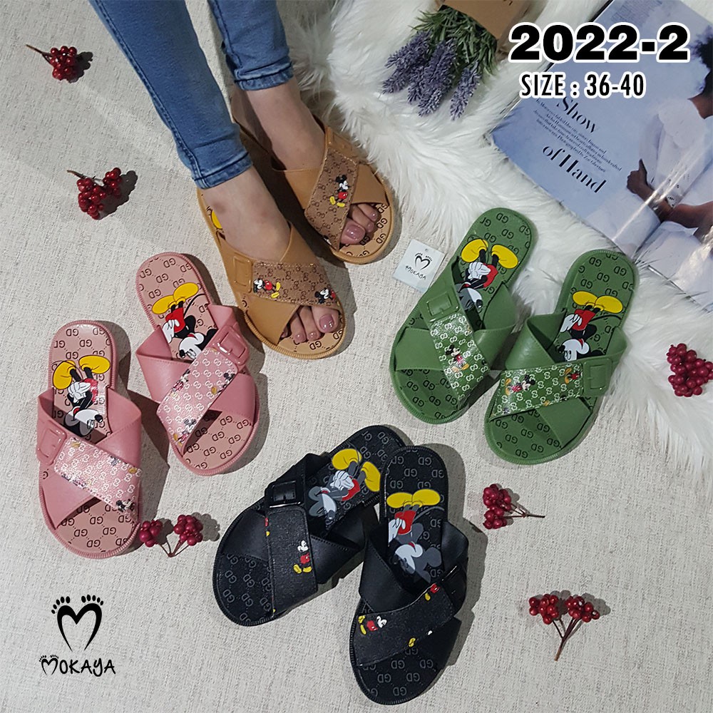 Sandal Slop Wanita Ban Silang Gesper DG Mickey Keren Empuk Casual Import Mokaya/Size 36-40 (2022-2)