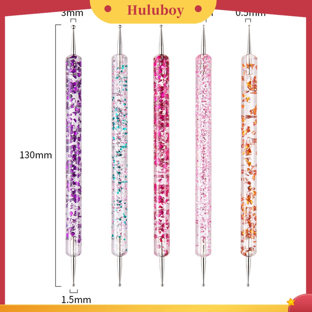 Huluboy Huluboy♡ 5pcs / Set Dotting Pen Kepala Ganda Bahan Akrilik UV Gel Motif Print Bunga Untuk Manicure