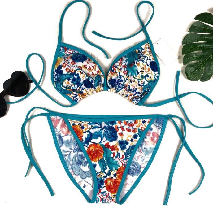 Bikini Segitiga Cd Motif Bunga Bunga Tali Biru