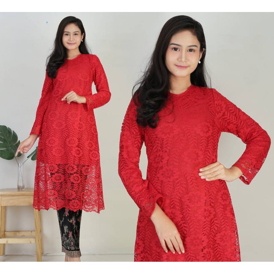 Setelan Kebaya Modern Brokat Tunik / Longcape Brukat Hijau Dan Waran Lainnya