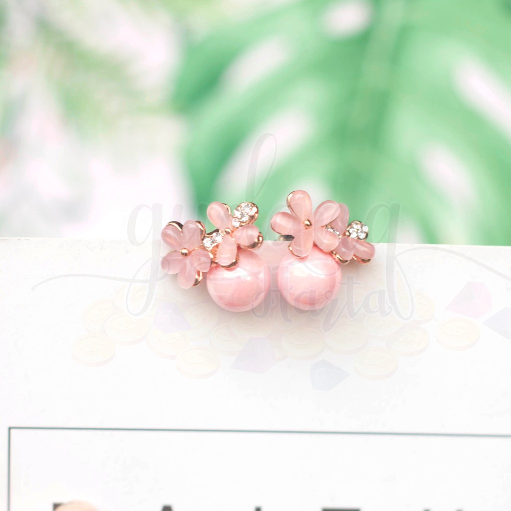 Anting Stud Pink Flowers and Pearl Simple GH 203732