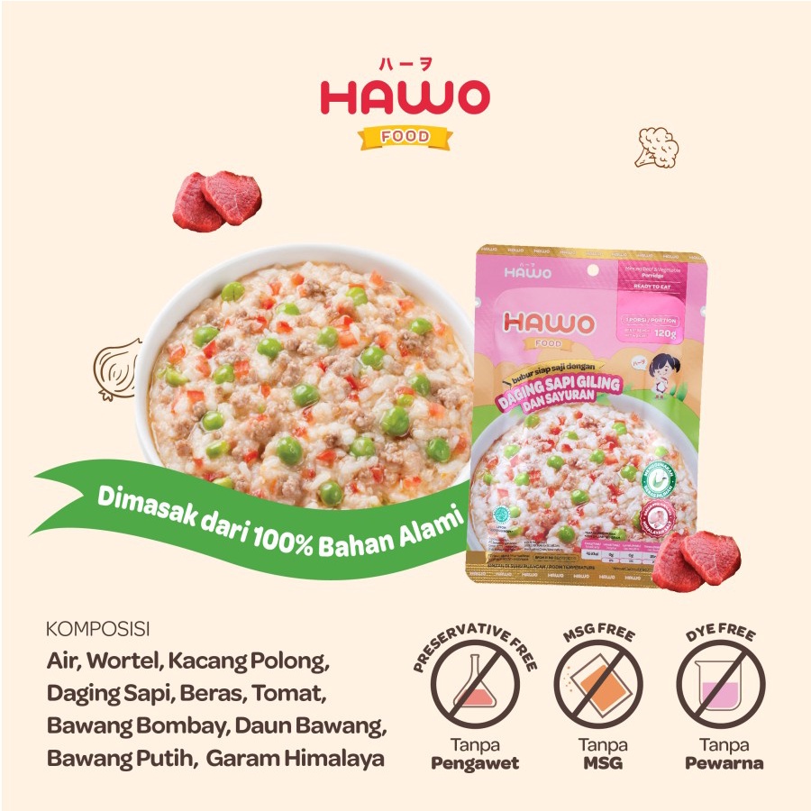 HAWOFOOD BUBUR SIAP SAJI DENGAN DAGING SAPI GILING DAN SAYURAN 120GR