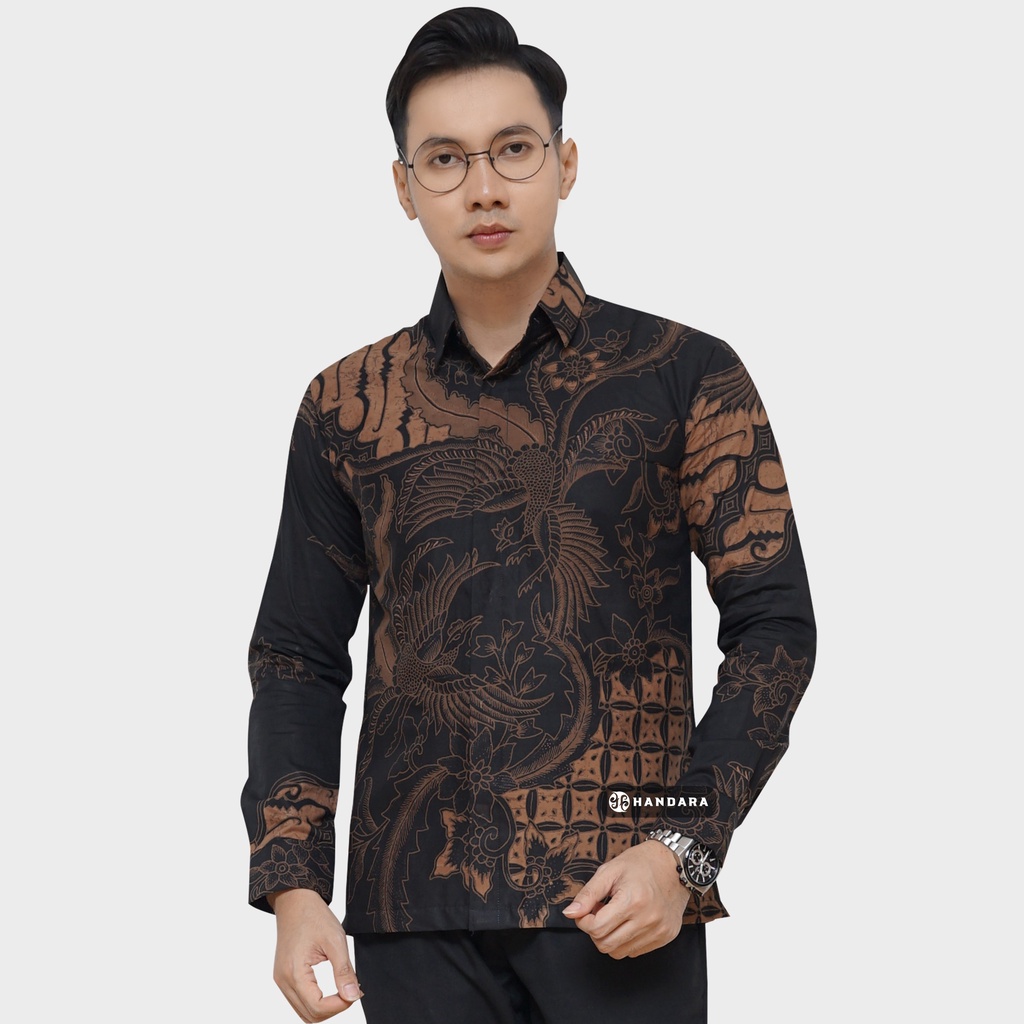 Baju Kemeja Batik Pria Lengan Panjang Slim Fit Premium Modern Full Furing Katun Halus Original Handara Motif Chandrakanta Hitam Sogan HB-127