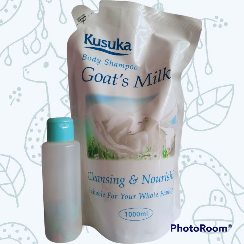 promo sabun mandi susu kambing Kusuka refil 1 liter free botol fliptop 100ml