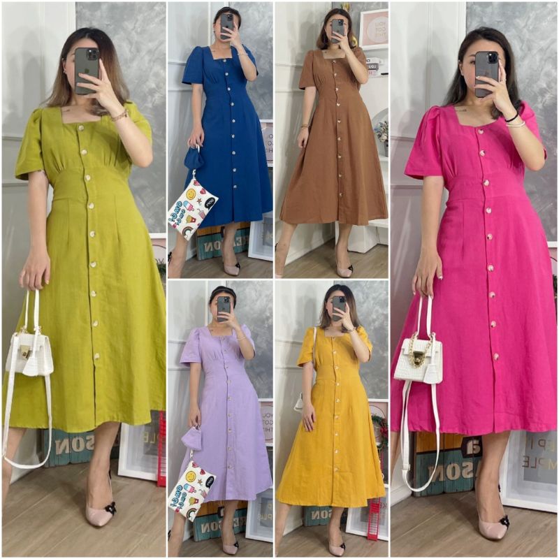 ❣️ SPECIAL PRICE ♡ PREMIUM ♡ ORIGINAL ! JUANITA VINTAGE PLAIN SQUARE NECK BUTTON MIDI DRESS ( BUSUI FRIENDLY )