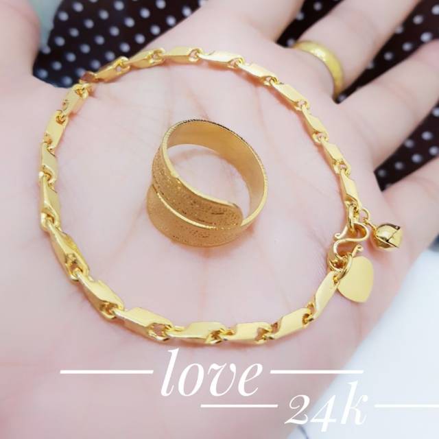 Set gelang tangan rantai plus cincin lapisi mas 24 k