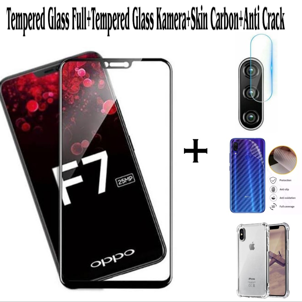 [ PAKET PROMO ]  Type Oppo F7/F9 Tempered Glass Full+Tempered Glass Kamera + Skin Carbon+Anti Crack