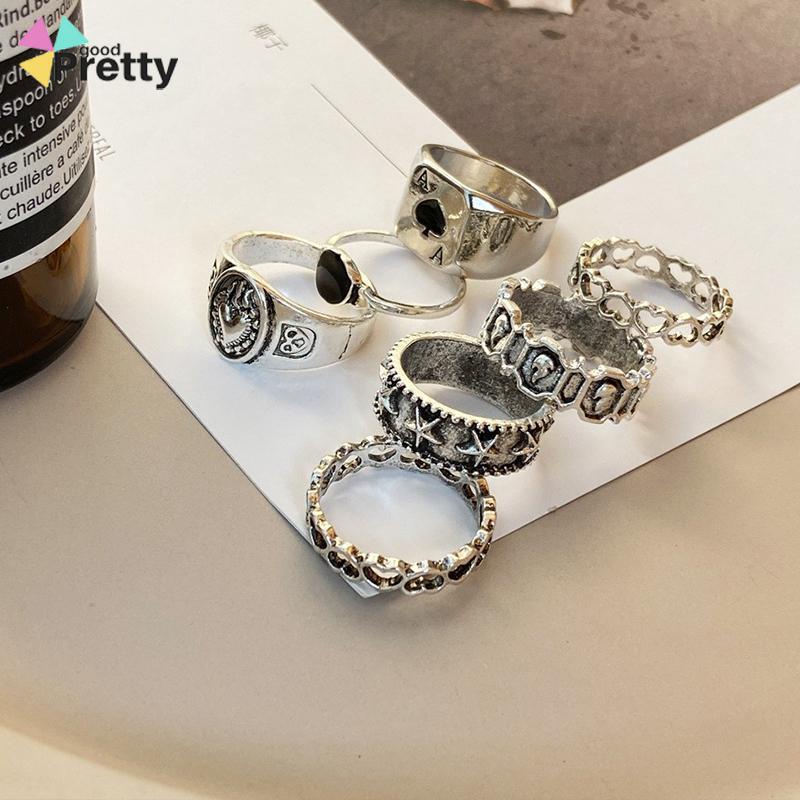 7 Pcs Cincin Jari Bentuk Hati Tidak Teratur Warna-Warni Gaya Punk Retro Untuk Pria - PD