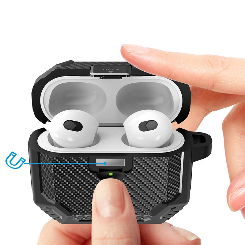 Casing Soft Case Carbon Fiber Dengan Buckle Untuk AirPods 1 / 2 / 3 / 2021