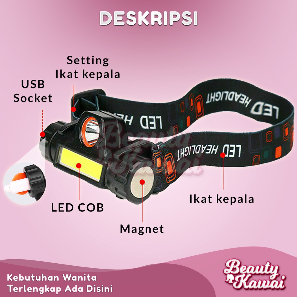 Senter Kepala Mini COB XPE Headlamp Cas USB Bisa Putar Copot