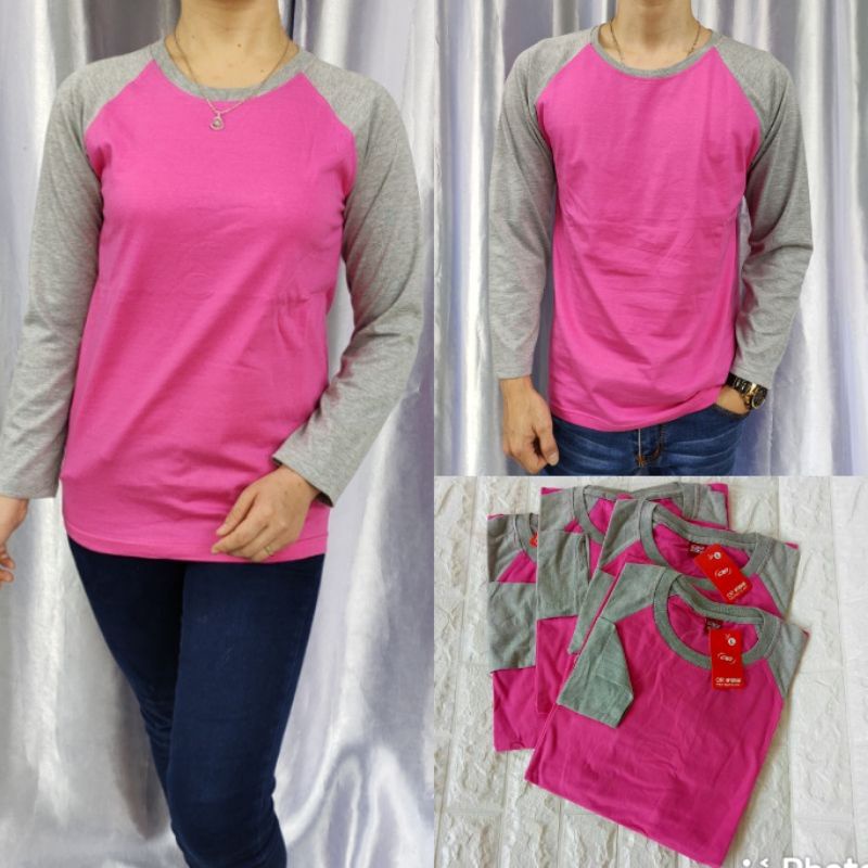 Kaos polos raglan PINK-ABU MISTY lengan PANJANG Uk M L XL XXL