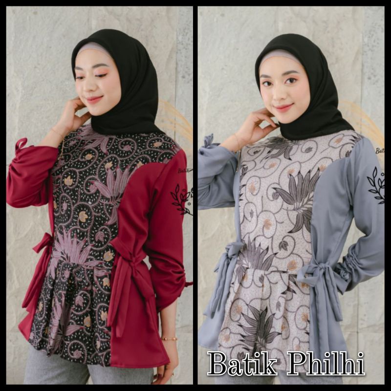 Atasan Batik Wanita Modern / Blouse Batik Kombinasi Mosscrepe Size M, L, XL ( ORIGINAL )