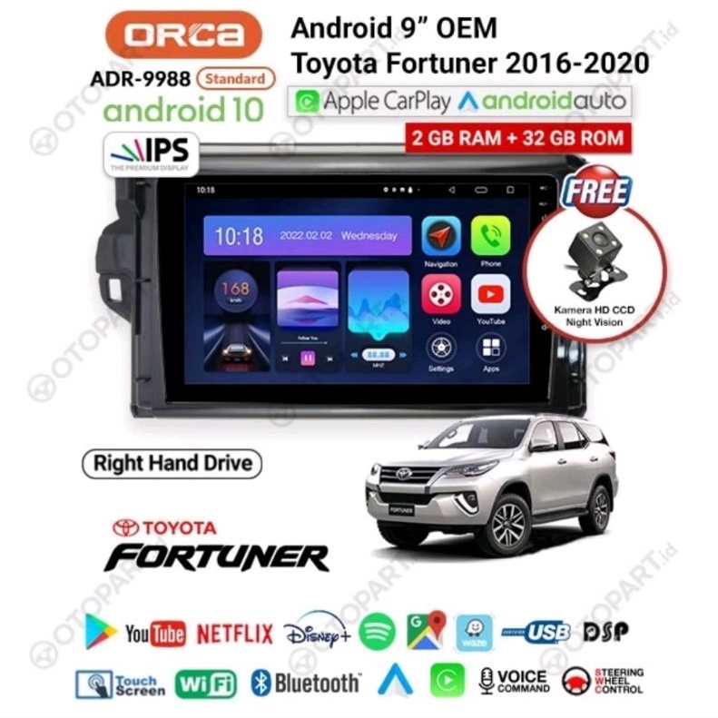 Head Unit Android ORCA FORTUNER 2016 - UP ANDROID ORCA ADR 9988 CARPLAY Android TOYOTA FORTUNER