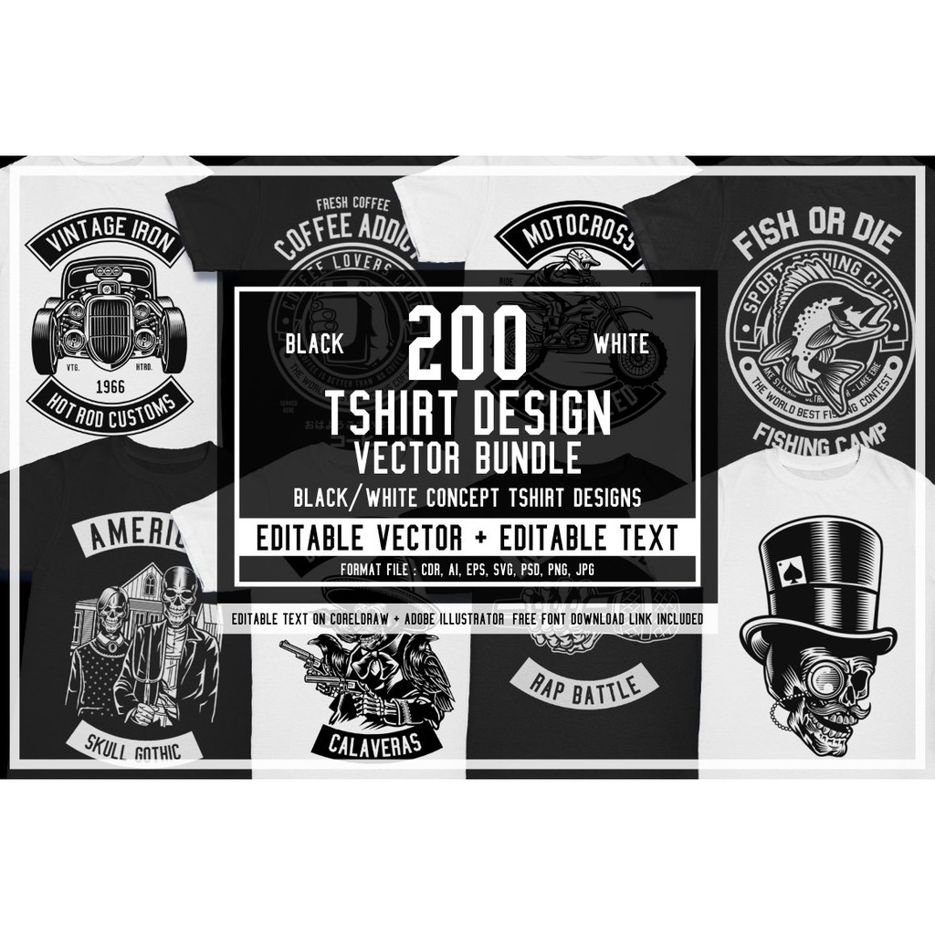 200 Editable T-shirt Designs - Photoshop &amp; Illustrator