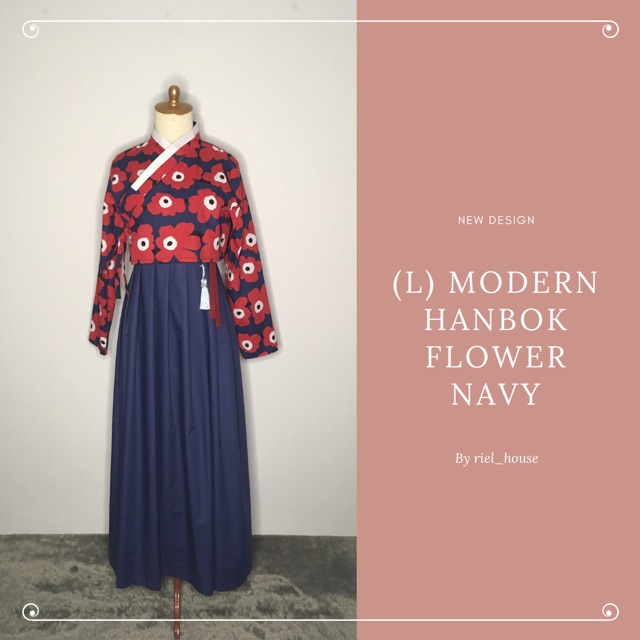 (L) Modern Hanbok Flower Navy FREE NORIGAE
