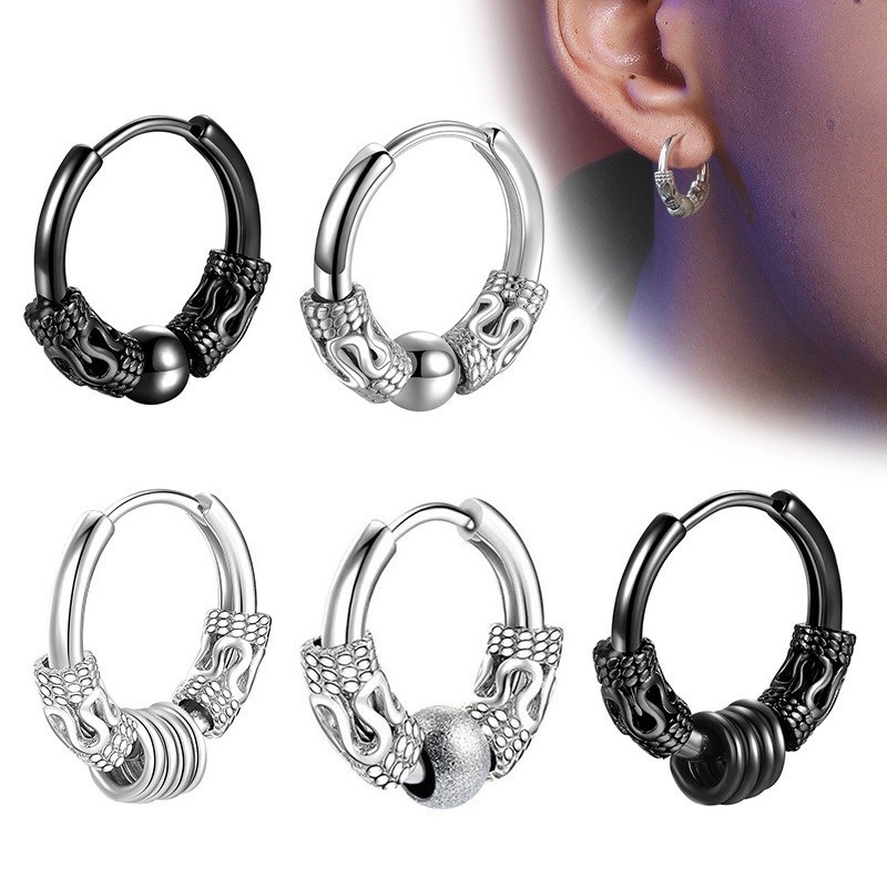 Anting Stud Liontin Bulat Bahan Stainless Steel Lapis Perak Gaya Punk Hip-Hop Untuk Pria