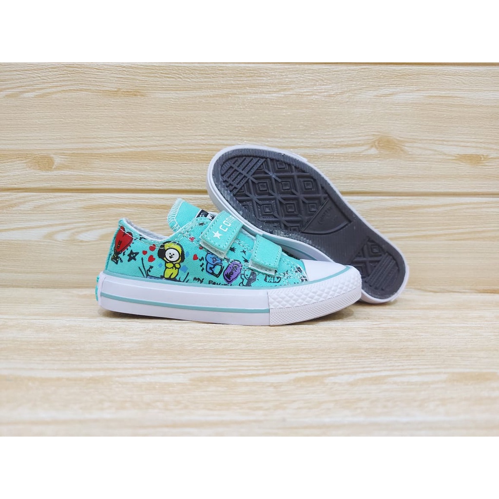 SEPATU SNEAKERS ANAK PEREMPUAN | SEPATUA ANAK PEREMPUAN | SEPATU ANAK USIA 1 2 3 4 5 6 7 | SEPATU ANAK KARAKTER BTS/BT21 WARNA HIJAU TOSCA SIZE 21-35