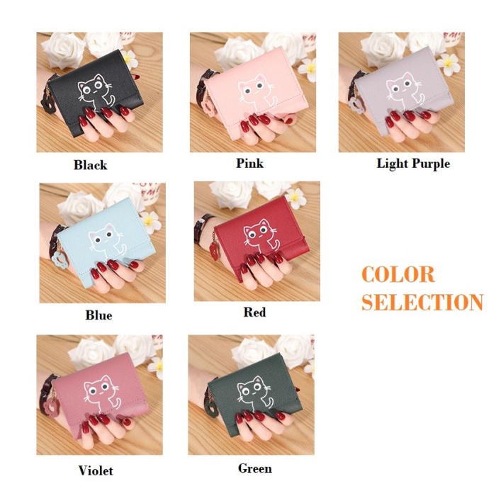 W15 Dompet Wanita Mini Happy Cat Perempuan Cewek Lucu Kantong Koin Kartu Uang Foto Cantik Women Wallet Kulit PU Leather Hitam Lipat Kecil Panjang  Sapi Korea Pria Cowok Laki Laki Cowo Import Premium Murah Tas Dompet Wanita Import Cewe Cantik Lipat