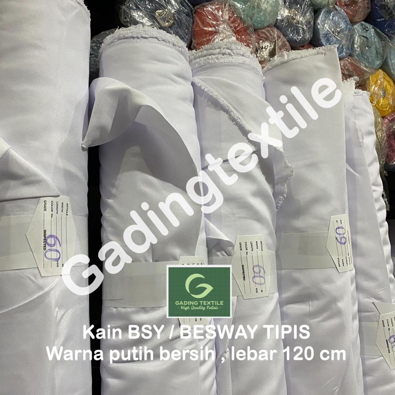 ( per 1 roll ) kain BSY BESWAY TIPIS polyester putih lebar 120 cm isi 54 meter bahan kerudung jilbab hijab seragam sekolah furing lapisan baju kemeja dress gamis koko rok celana tas pelapis hamper hampers lemes lembut printing sublime dekorasi dekor