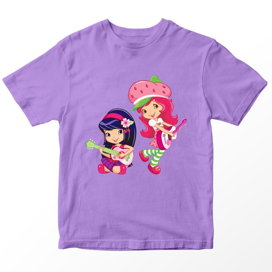 Kaos Strawberry Shortcake Anak Cherry Jam Main Gitar, Warna Lilac Ungu Umur 1-10 Tahun