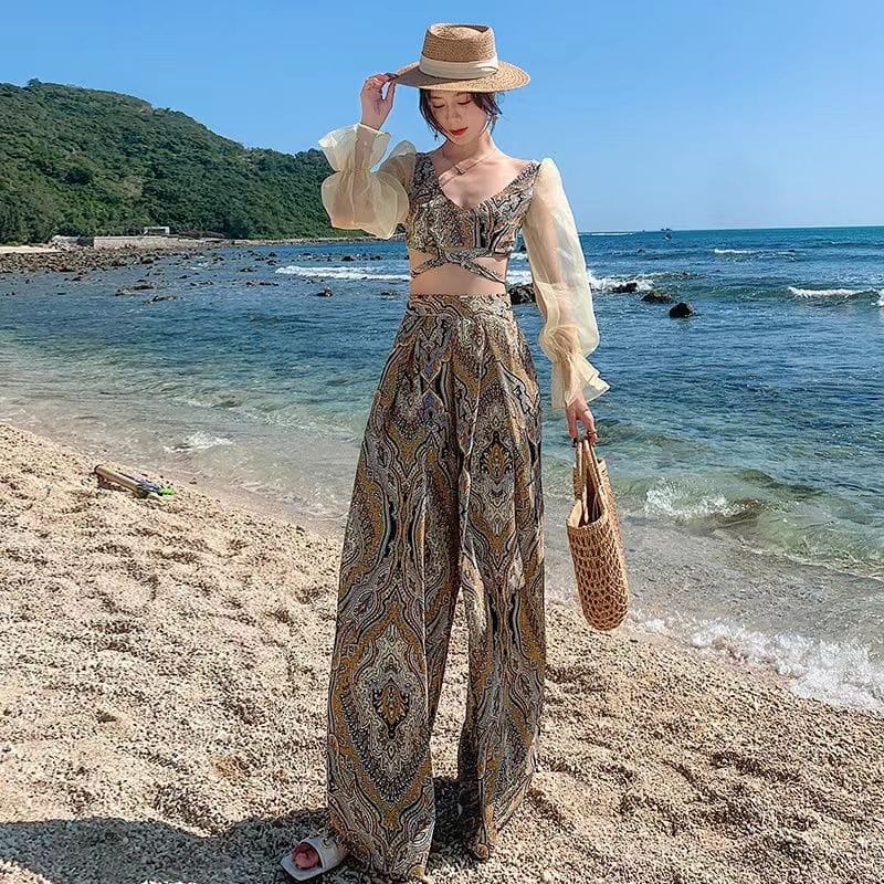 𝐑𝐄𝐀𝐃𝐘 𝐒𝐓𝐎𝐂𝐊 𝐒𝐀𝐅 - CACA set woman / setelan bohemian crop top long sleeve + celana panjang kulot prem