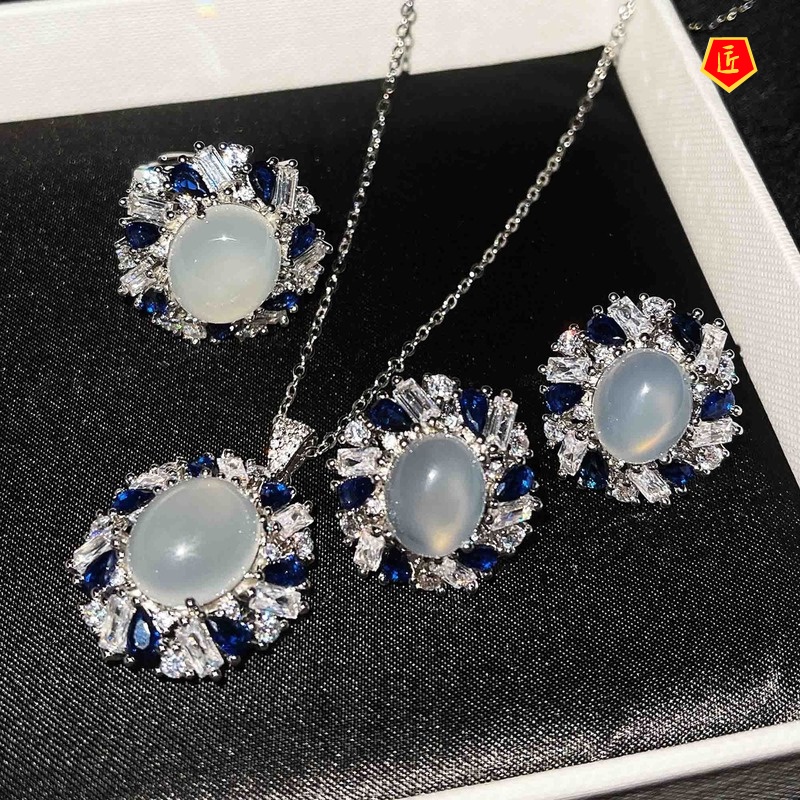 [Ready Stock]Natural White Chalcedony Necklace Ring Ear Stud Suit
