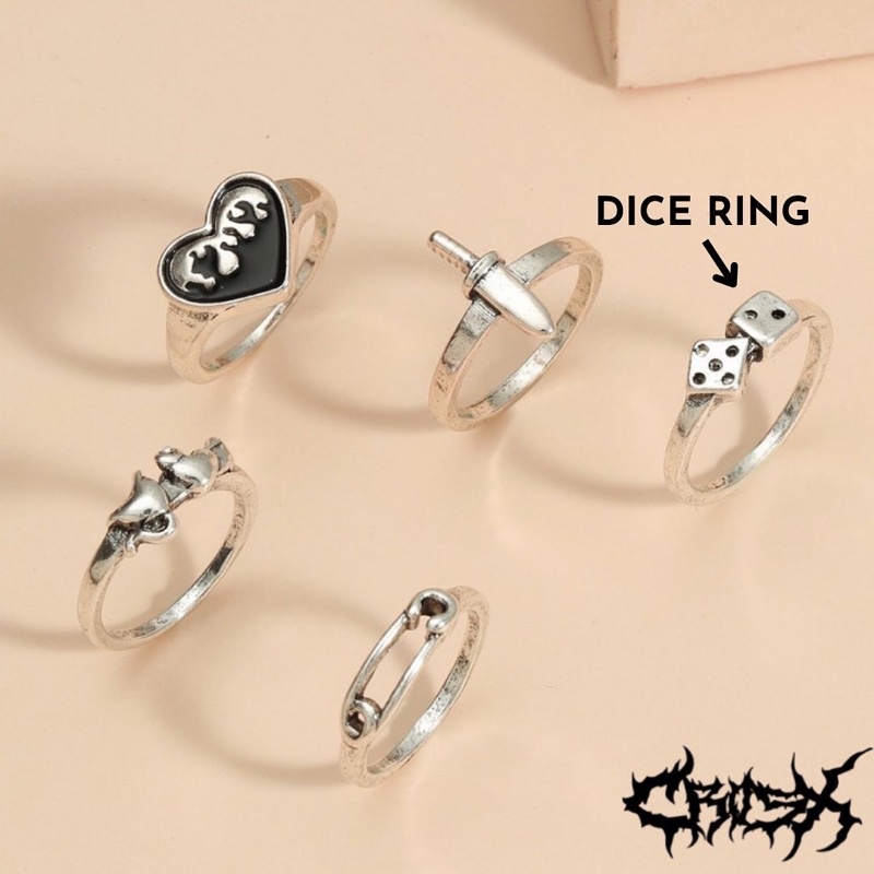 5PCS SWORD RING SET / HIP HOP PUNK SILVER METAL RING SET / CINCIN SET 5 IN 1 VINTAGE LOVE RING DICE RING PIN RING CINCIN PEDANG CINCIN DADU HATI CINCIN COUPLE RING KOREAN STYLE RING CINCIN STYLE KOREA CINCIN AESTHETIC RING CINCIN PRIA CINCIN WANITA