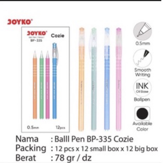 

Ball Pen Cozie / Pulpen warna Pastel / Pena tinta warna hitam Joyko BP-335 isi 12 pcs