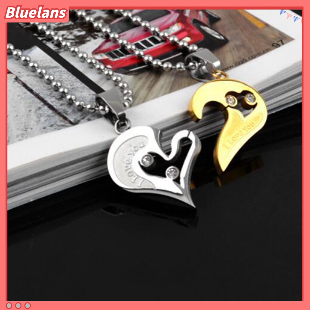 2pcs / Set Kalung Liontin Hati Tulisan I Love You Aksen Berlian Imitasi Untuk Pasangan