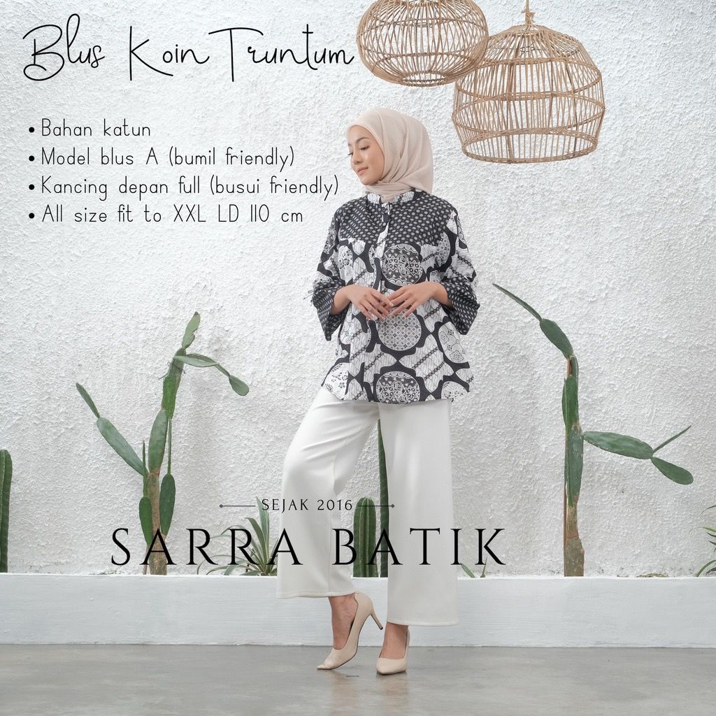 Blus Koin Truntum Kombinasi Batik Kekinian Kerja Kantoran Blouse Kondangan Modern Casual Lengan Lonceng