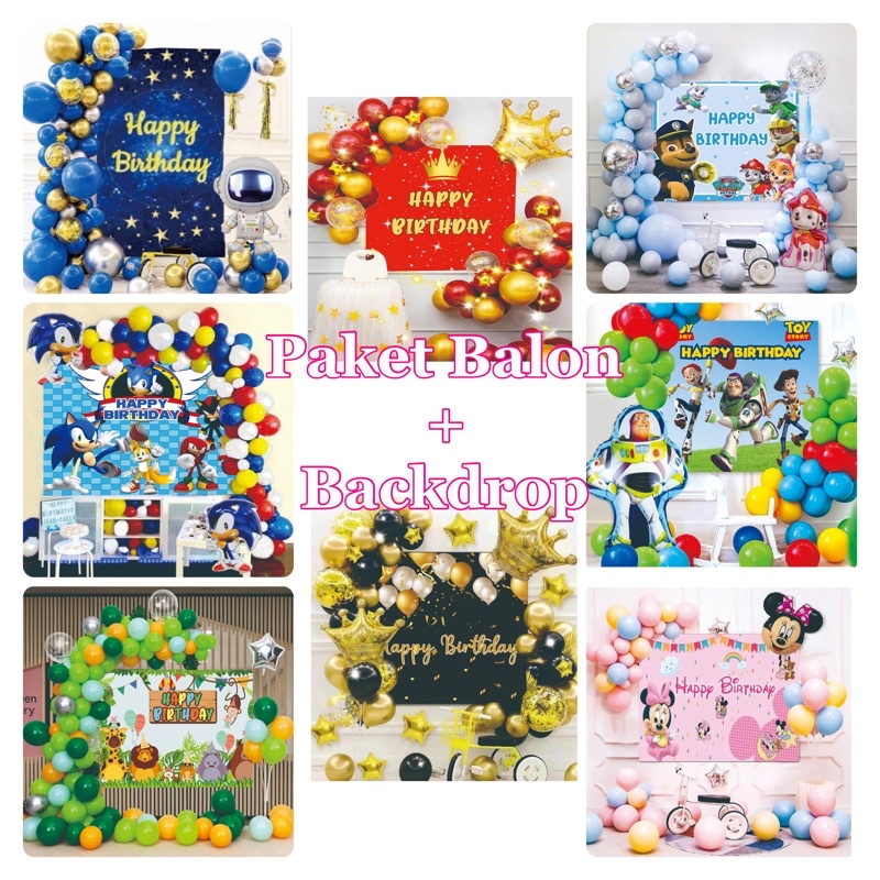 paket balon backdrop tema ulang tahun birthday zoo/PORORO/ mario/coco /pokemon/thomas/spongebob /din