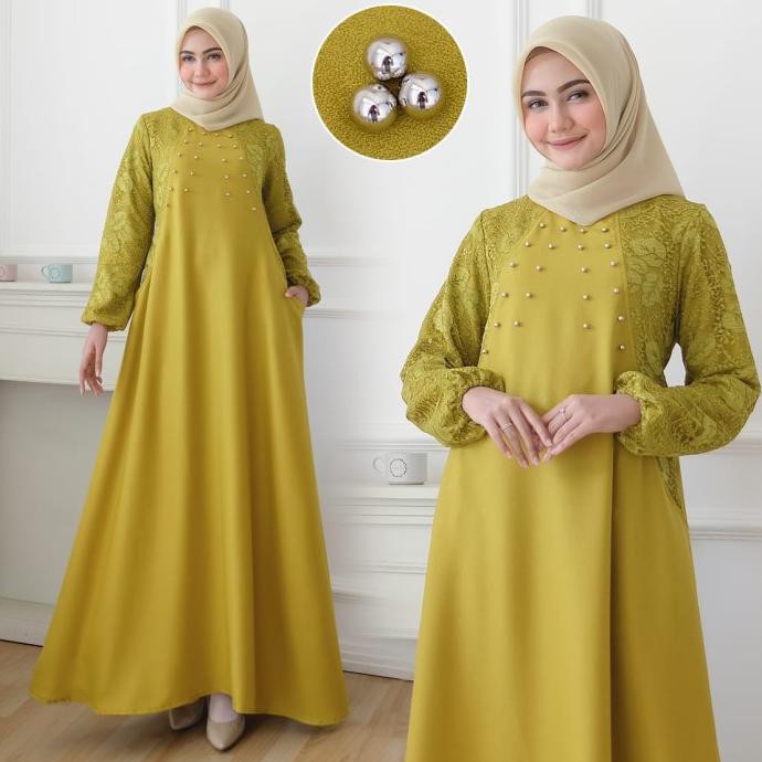 Gamis Pesta Wanita Terbaru Maxi Dress Muslim Brukat Kondangan Ayyu - lime -promo/diskon
