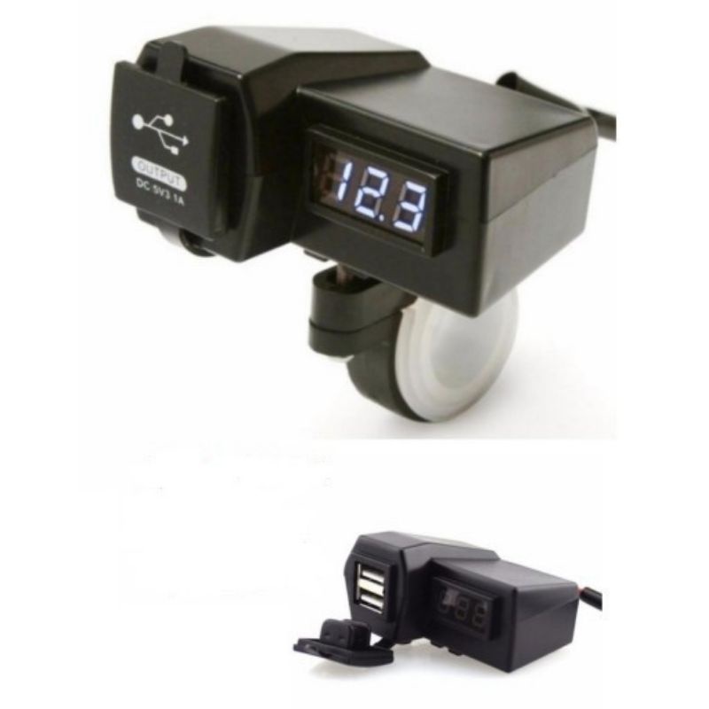 Casan HP Stang Motor Dual USB Charger + Voltmeter Alat Cas Setang