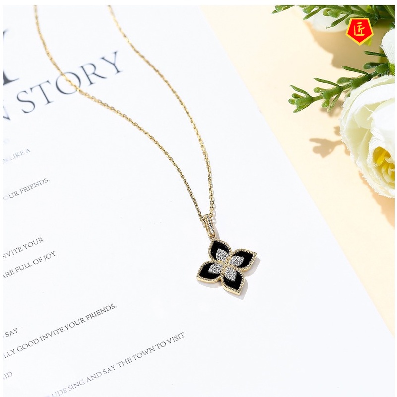 [Ready Stock]New 18K Gold Clover Ear Stud Black Agate Bracelet Necklace for Women