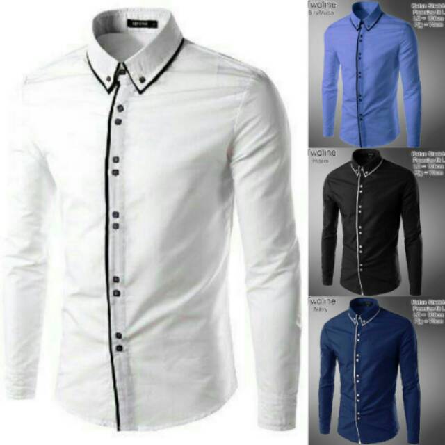 Kemeja pria fashion lengan panjang polos warna hitam putih biru Navy les pakaian cowok twotone 2tone